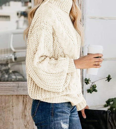 Chic Ballon Sleeve Winter Turtleneck Chunky Sweater Slouchy Oversized Loose Pullover Outerwear Warm Thick