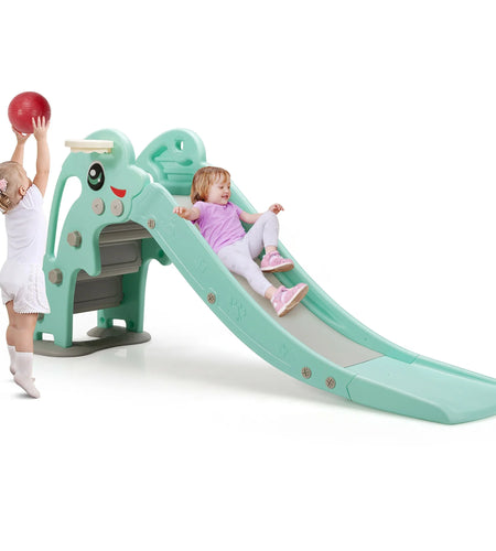 3-In-1 Kids Climber Slide Play Set W/Basketball Hoop Indoor & Outdoor Green