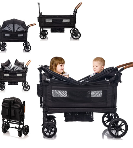 Wagon Stroller for 2 Kids & Cargo,Lightweight Double Stroller Push-Pull Stroller Folding Stroller for Newborn&Toddler with 5-Point Harness,Adjustable Handle Bar and Canopy,Tray Table,Cup Holde