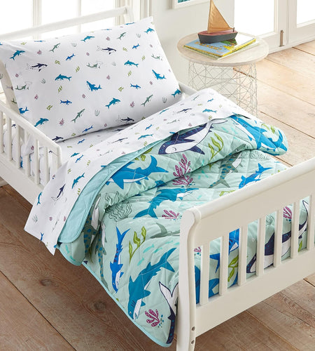 100% Cotton 4 Piece Toddler Bed-In-A-Bag for Boys & Girls, Bedding Set Includes Comforter, Flat Sheet, Fitted Sheet & Pillowcase, Bed Set for Cozy Cuddles (Shark Attack)