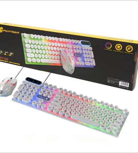 Gaming Keyboard and Mouse, Rainbow Backlit USB Wired Computer Mouse and Keyboard Combo, for Game, Office, White