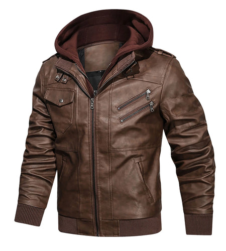 Men'S Pu Faux Leather Jacket with Removable Hood Black L