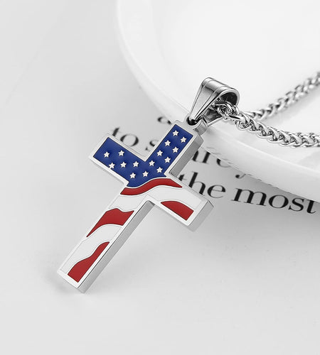American Flag Patriotic Cross Religious Jewelry Pendant Necklace