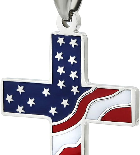 American Flag Patriotic Cross Religious Jewelry Pendant Necklace