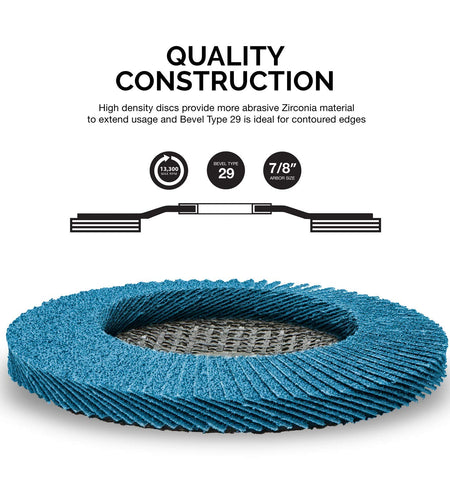11257A High Density Jumbo Premium Zirconia Flap Disc | 4.5" X 7/8-Inch, 40 Grit, Bevel Type #29-10 Pack